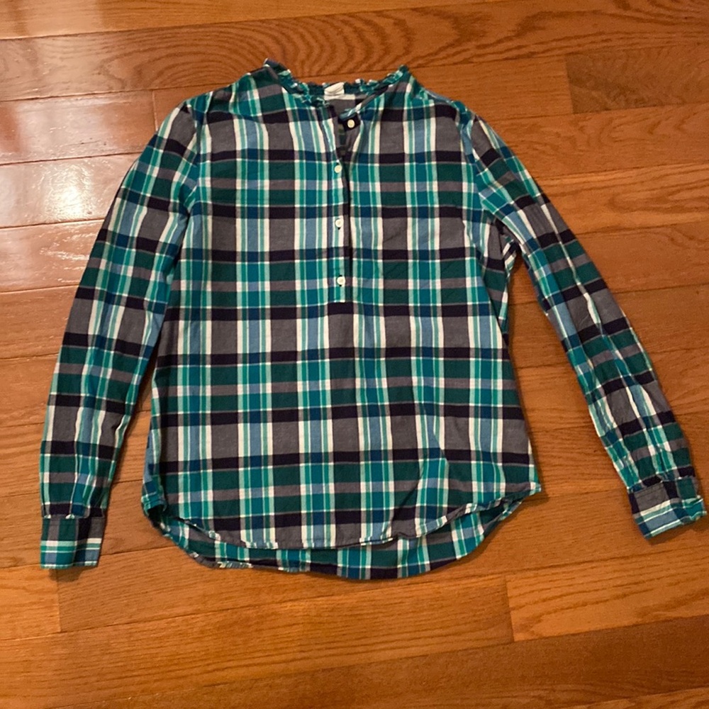 Navy blue, green, white plaid GAP ruffle neck blouse shirt with buttons